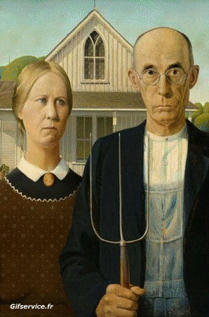 American Gothic-American Gothic ricreazioni d'arte covid contenimento Getty sfida - Grant Wood Artisti pittori Morphing - Sembra Umorismo -  Fun 