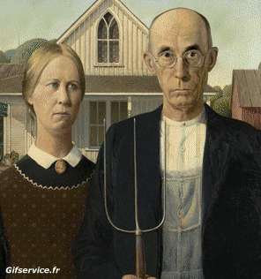 American Gothic-American Gothic confinement covid  art recréations Getty challenge - Grant Wood Artistes peintre Morphing - Ressemblance Humour - Fun 