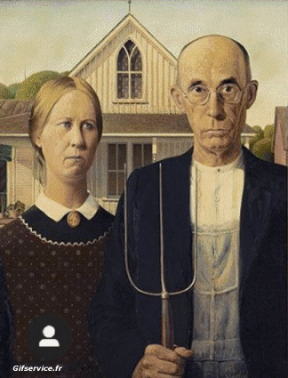American Gothic-American Gothic confinement covid  art recréations Getty challenge - Grant Wood Artistes peintre Morphing - Ressemblance Humour - Fun 