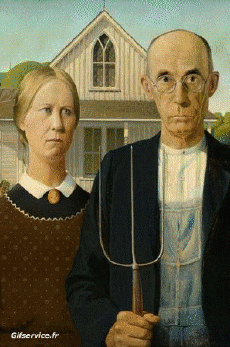 American Gothic-Humor - Fun Morphing - Parece Artistas pintores recreación de arte covid de contención Getty desafío - Grant Wood 