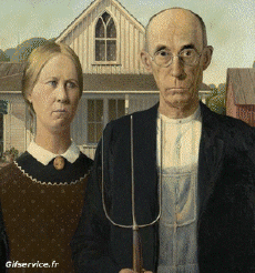 American Gothic-Umorismo -  Fun Morphing - Sembra Artisti pittori ricreazioni d'arte covid contenimento Getty sfida - Grant Wood 